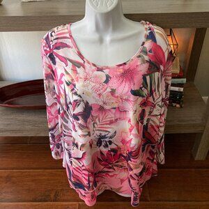 JM Collection Pink Floral Beaded Blouse Medium
